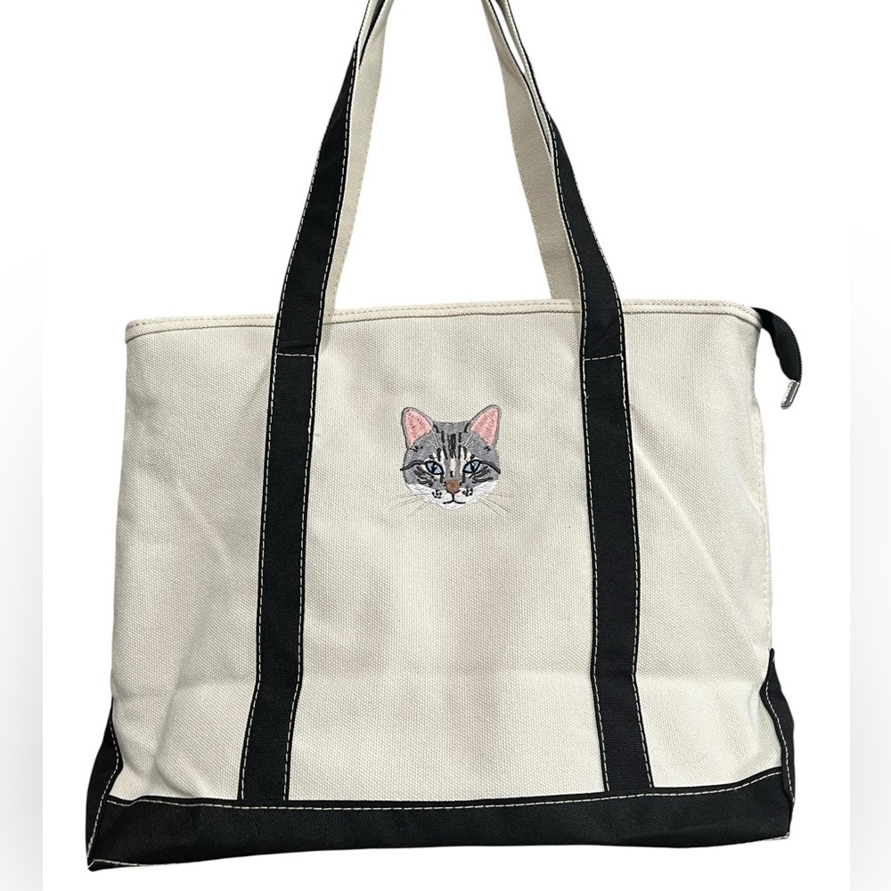 Canvas Tote w/Black Detail - Embroidered Cat on Front -